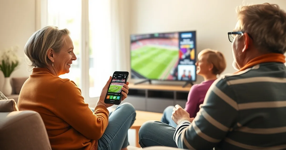 Une famille dans un salon lumineux regarde un match de football à la télévision tout en consultant une application sur un téléphone