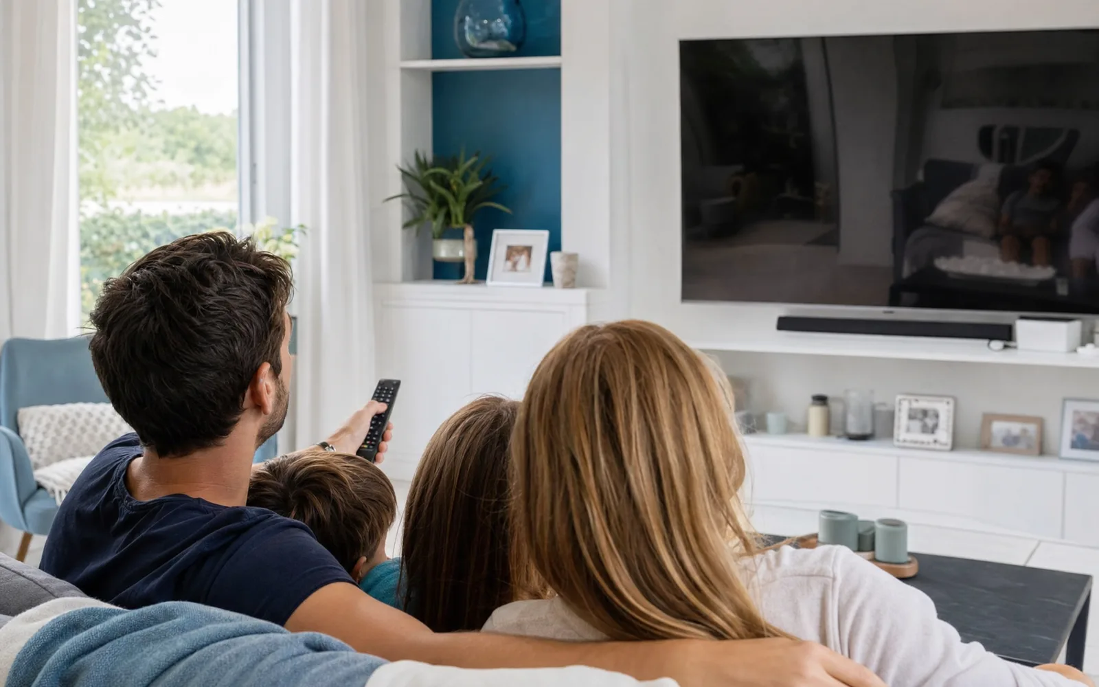 Une famille qui regarde la télévision sur un grand Smart TV dans un salon français lumineux en journée
