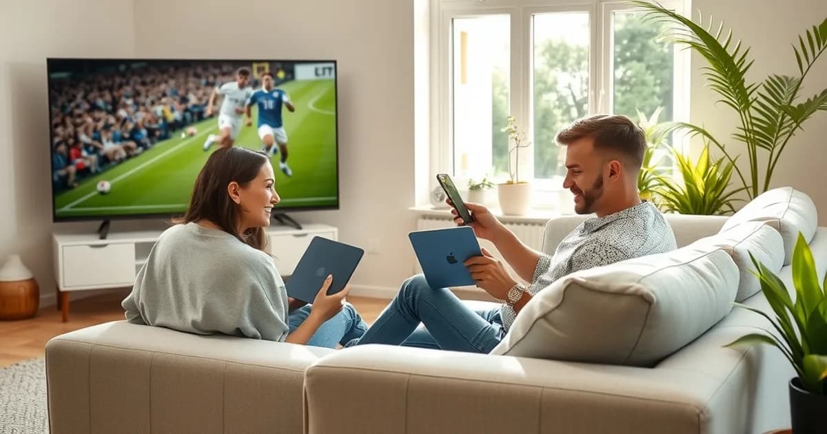 Un couple compare des offres d'abonnement IPTV sur un ordinateur portable et un smartphone dans un salon lumineux, avec un match de football affiché à la télévision en arrière-plan.