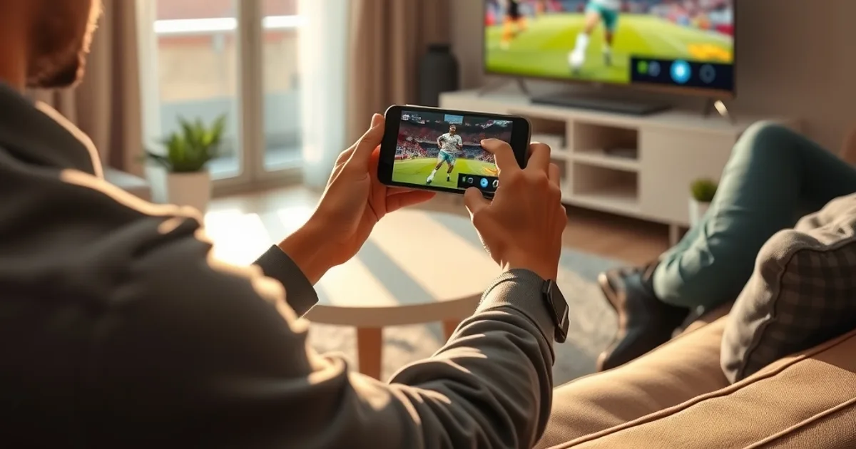 Une personne consulte son téléphone sur un canapé, avec un match de football en direct sur la télévision en arrière-plan, dans un salon lumineux.