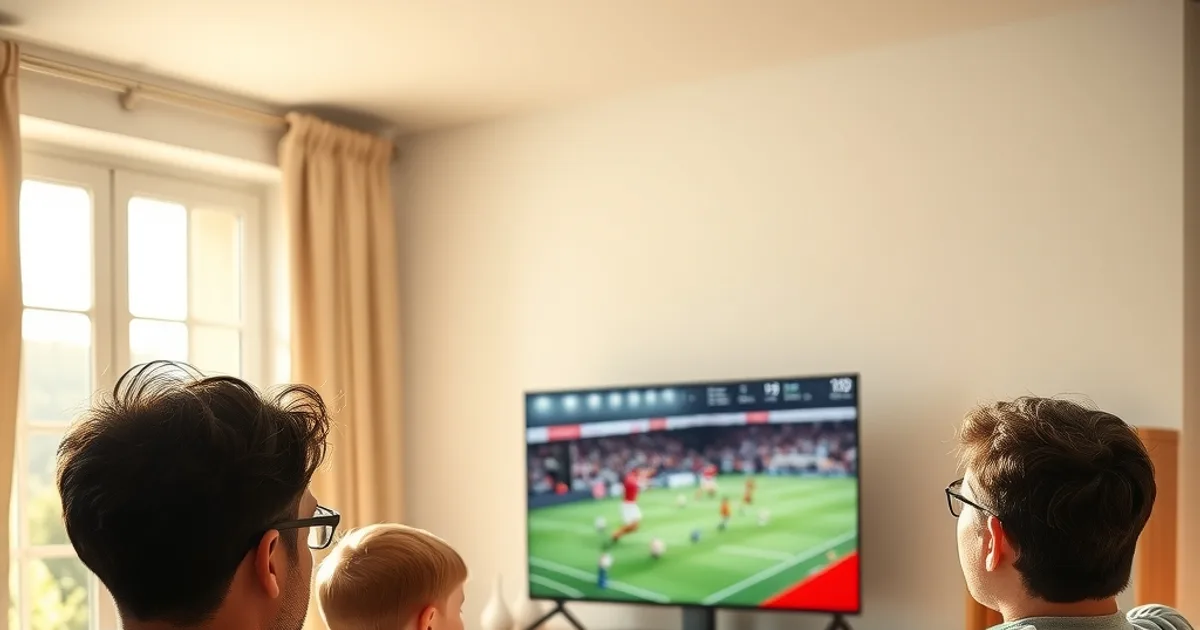 Famille regardant un match de Ligue 1 dans un salon lumineux et chaleureux, en plein jour.