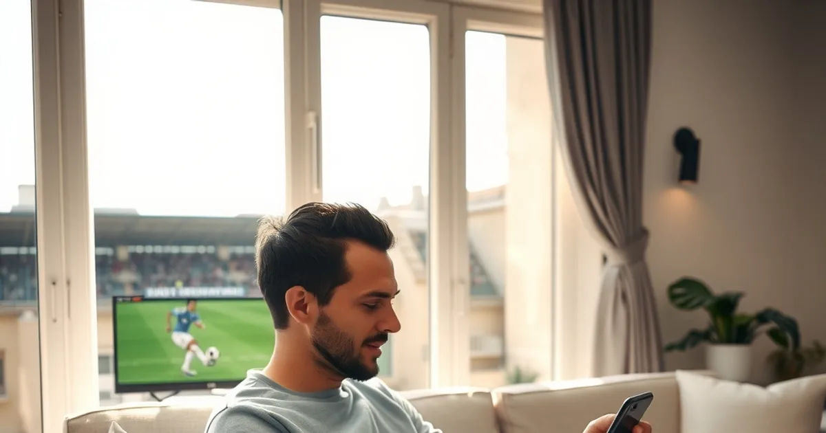 Un supporter installé dans un salon lumineux compare calmement le coût d'un abonnement sportif légal sur son téléphone, pendant qu'un match de football passe à la télévision en arrière-plan.