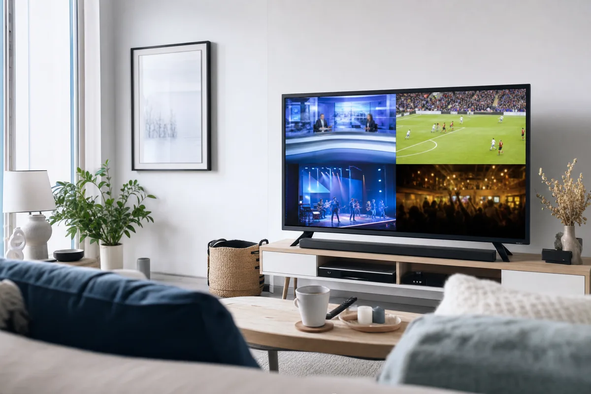 Grand téléviseur affichant une grille de chaînes de télévision en direct dans un salon clair