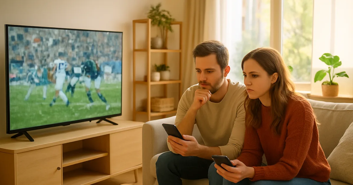 Un couple dans un salon lumineux regarde un écran de télévision figé pendant un match de football, l'un vérifiant son smartphone d'un air soucieux