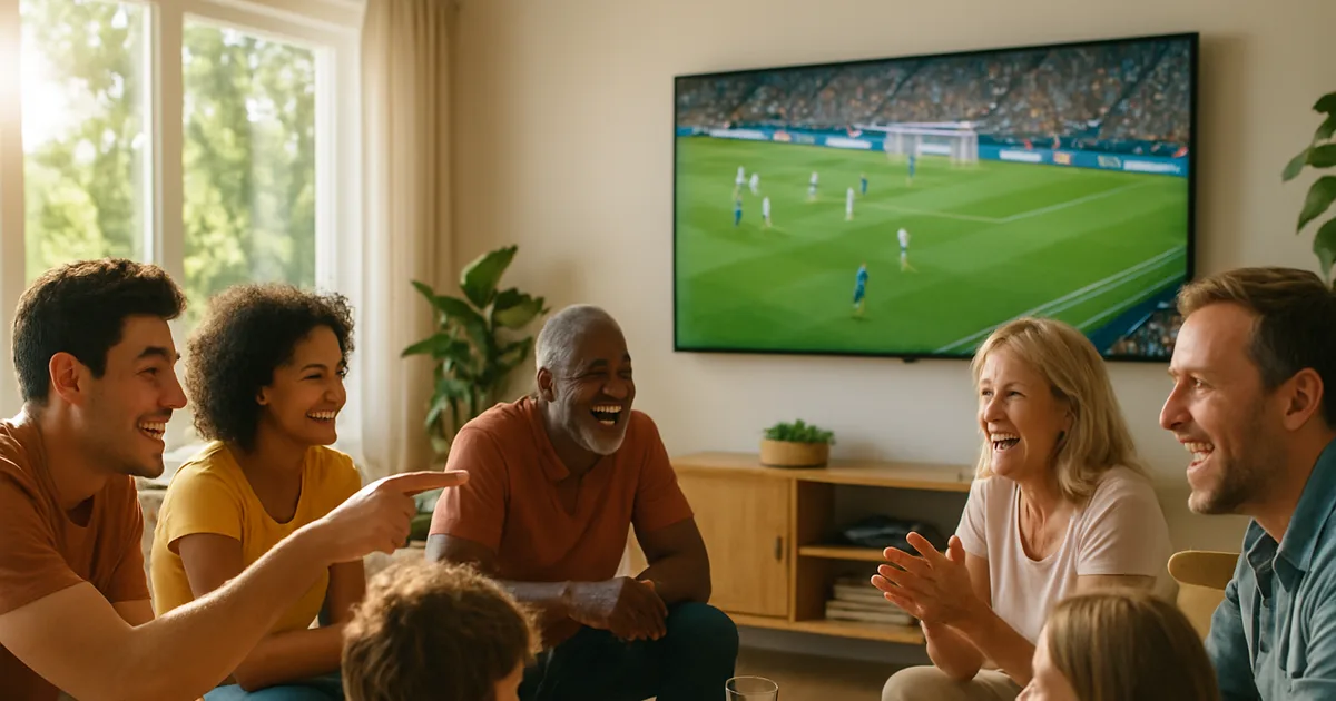 Une famille et des amis réunis dans un salon lumineux un après-midi d'été, regardant un match de football en direct sur un grand téléviseur mural.