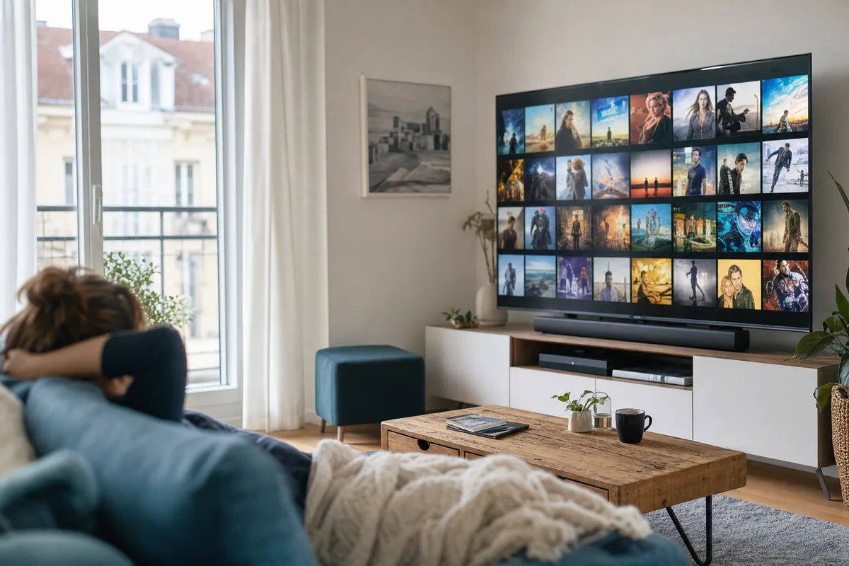 Téléviseur montrant un catalogue de films et de séries avec des affiches côte à côte dans un salon lumineux