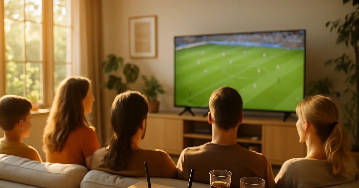 Salon lumineux un dimanche soir d'été, famille détendue devant un grand téléviseur diffusant un match de football, avec une box internet reliée par câble Ethernet posée sur une table d'appoint.