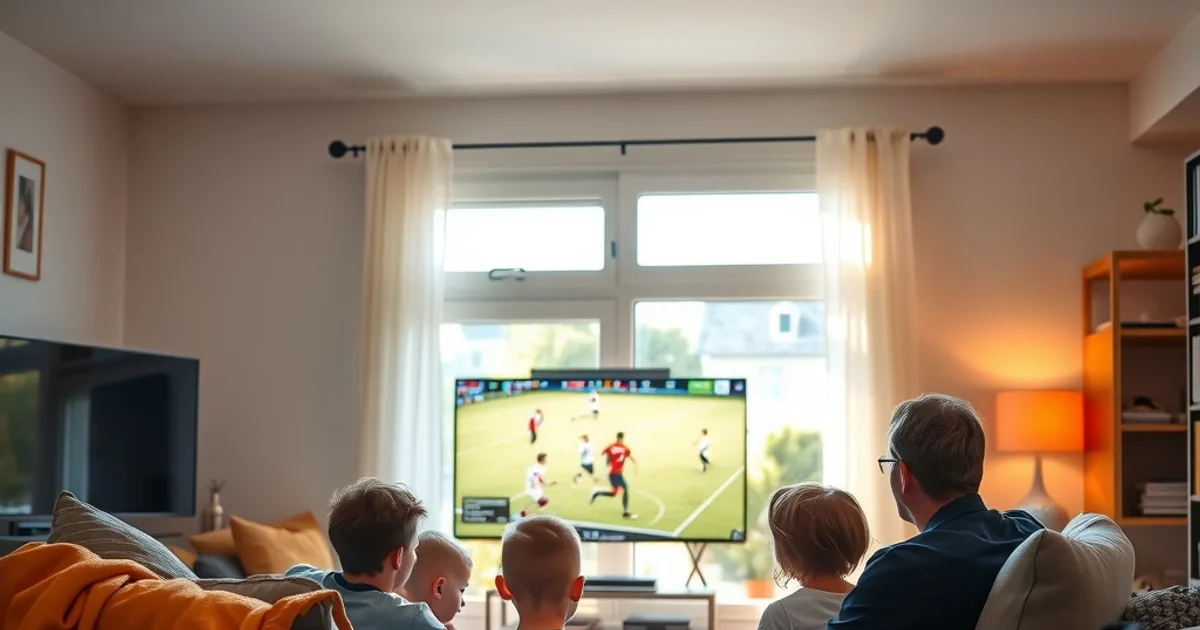 Famille réunie dans un salon lumineux devant la télévision, avec des cartables de rentrée posés sur la table