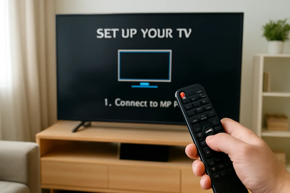 Gros plan d’une main avec une télécommande devant un Smart TV dans un salon lumineux, ambiance tutoriel