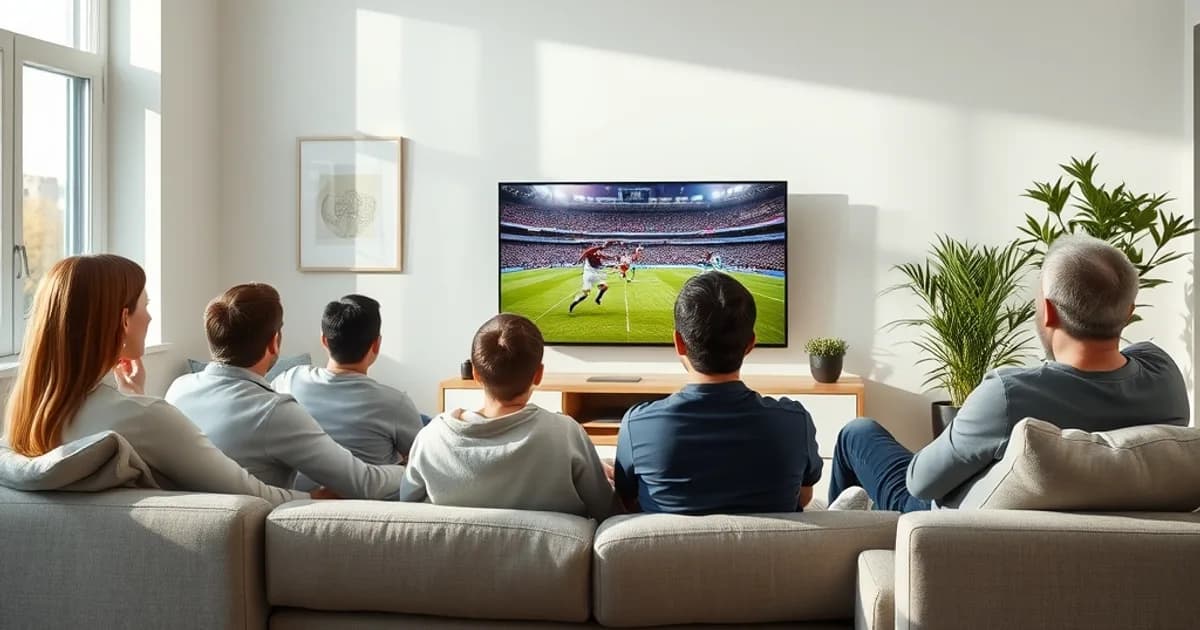 Famille regardant un match de football en streaming 4K sur une grande TV dans un salon lumineux
