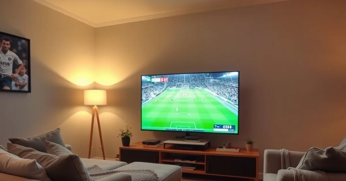 Salon familial en fin de soirée, canapé confortable sous une lumière tamisée, grand téléviseur allumé sur un match de football en direct avec le score affiché à l’écran, télécommande et smartphone posés sur la table basse à côté d’une facture annuelle imprimée, ambiance suspendue entre le confort du direct et l’incertitude sur la tenue du flux.