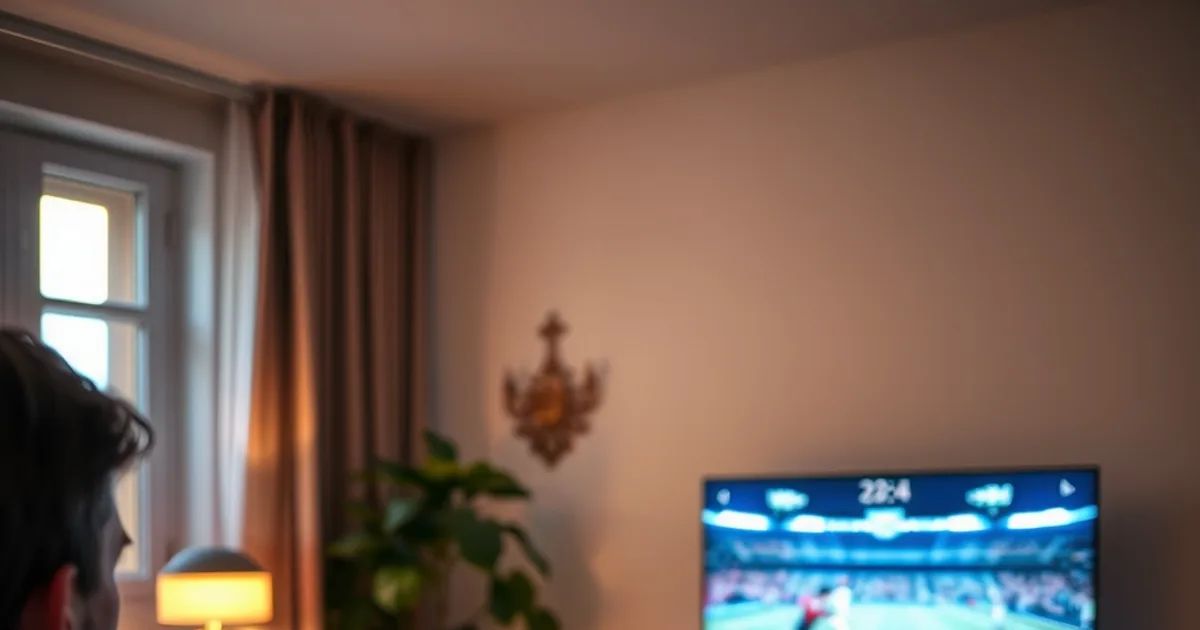 Une personne teste le débit de sa connexion sur son téléphone dans un salon, avec un match de football en pause sur la télévision en arrière-plan
