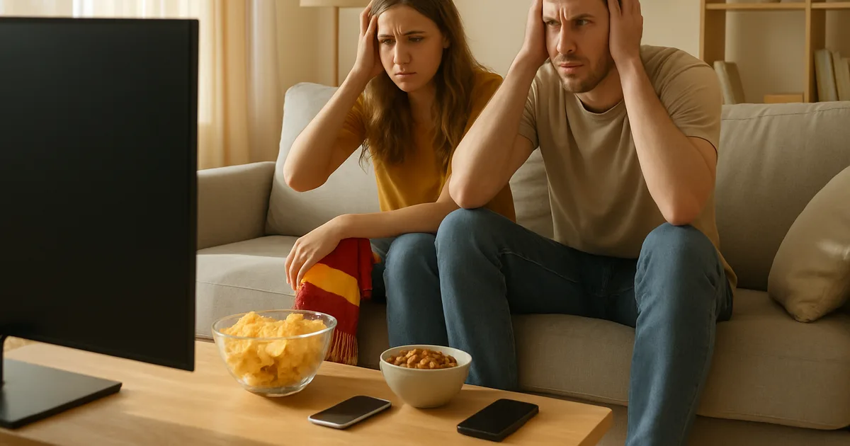 Un couple déçu sur un canapé clair regarde un grand téléviseur devenu noir en plein match de football, dans un salon lumineux baigné de lumière naturelle.
