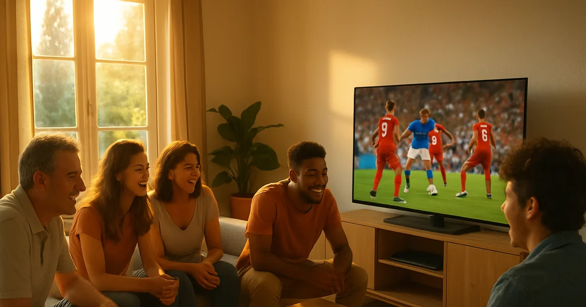 Une famille et des amis regardent un match de la Coupe du Monde sur leur télévision dans un salon lumineux, avec une tablette posée sur la table basse en solution de secours.