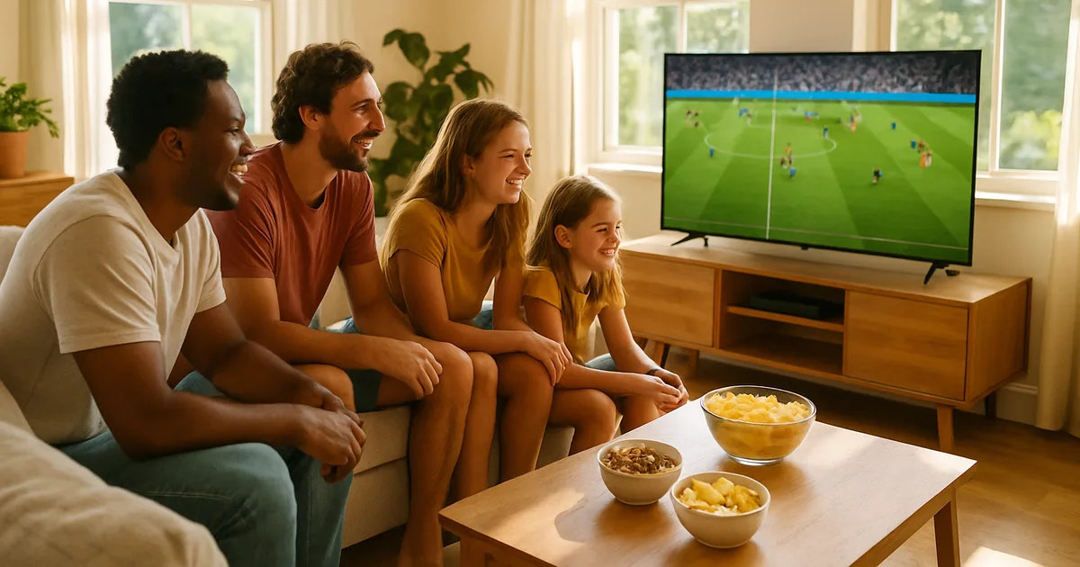 Salon lumineux baigné de soleil où une famille détendue regarde un match de football de la Coupe du Monde sur un grand téléviseur, image nette et sans coupure.