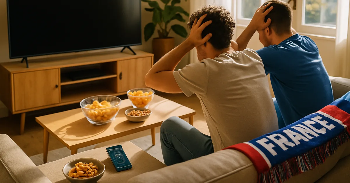 Deux amis sur un canapé dans un salon lumineux regardent un téléviseur dont l'écran vient de devenir noir en plein match, l'un vérifiant sa connexion sur son téléphone, une écharpe de l'équipe de France posée à côté.