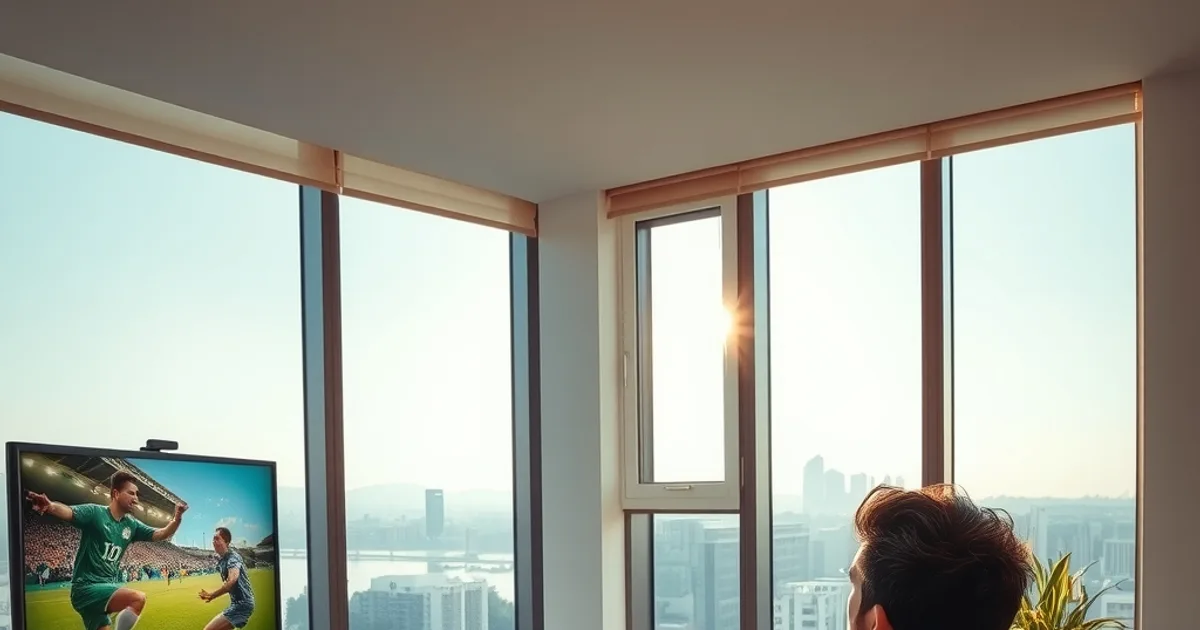 Une personne installée dans un appartement lumineux à l'étranger regarde un match de football à la télévision, ville visible par la fenêtre.