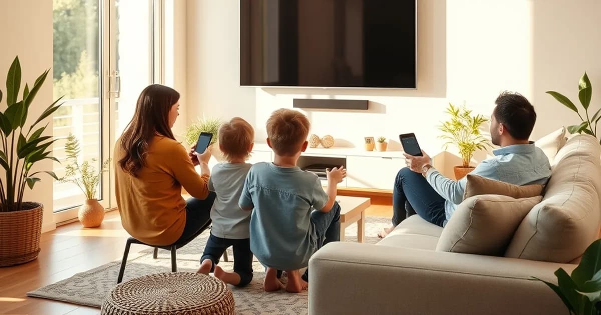 Une famille dans un salon lumineux regarde la télévision ensemble pendant qu'un parent tient une tablette et qu'un adolescent consulte son téléphone.