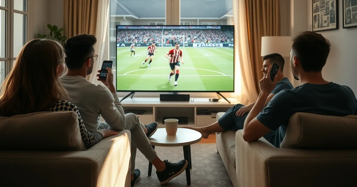 Un groupe d'amis regarde un match de Ligue 1 sur grand écran dans un salon lumineux, l'un d'eux vérifie son téléphone