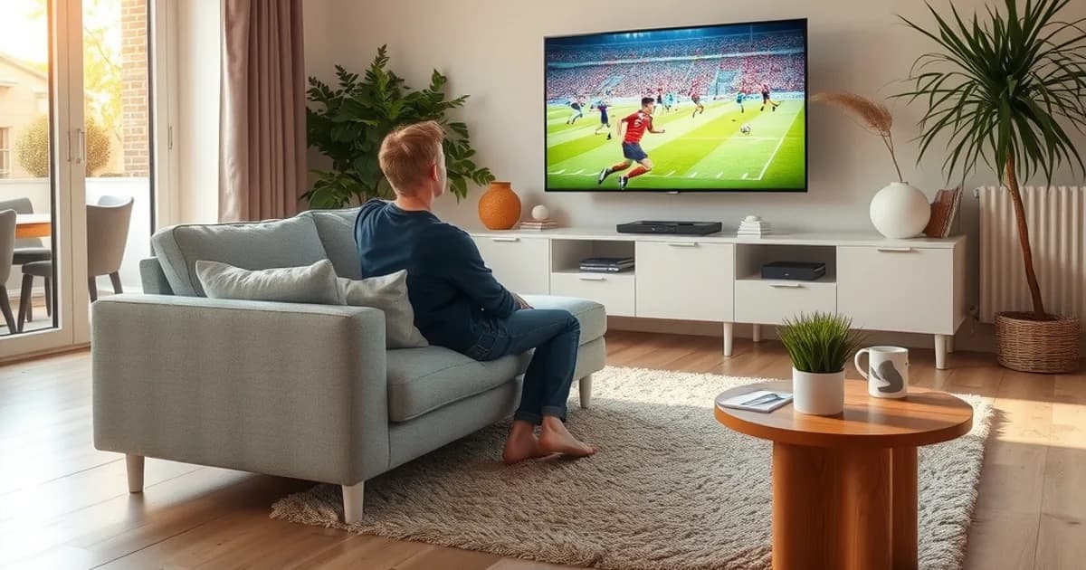Père et fils regardant un match de football dans un salon lumineux et moderne