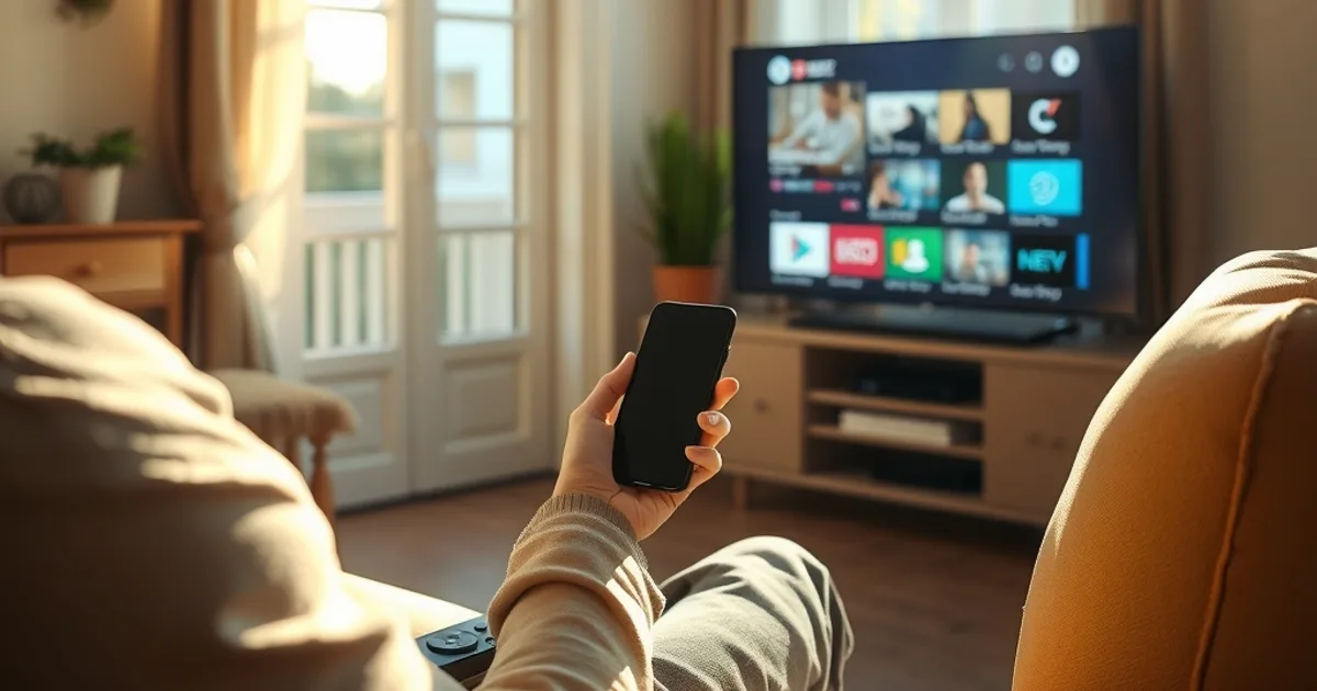 Une personne teste la stabilité de son flux IPTV sur son téléphone dans un salon lumineux, télévision en arrière-plan