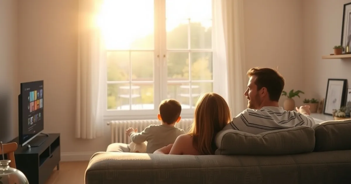 Une famille regarde la télévision ensemble dans un salon lumineux, avec un guide des programmes affiché à l'écran