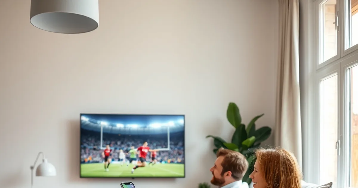 Famille française regardant un match de football en direct sur une Smart TV dans un salon lumineux, symbole de sécurité posé à proximité