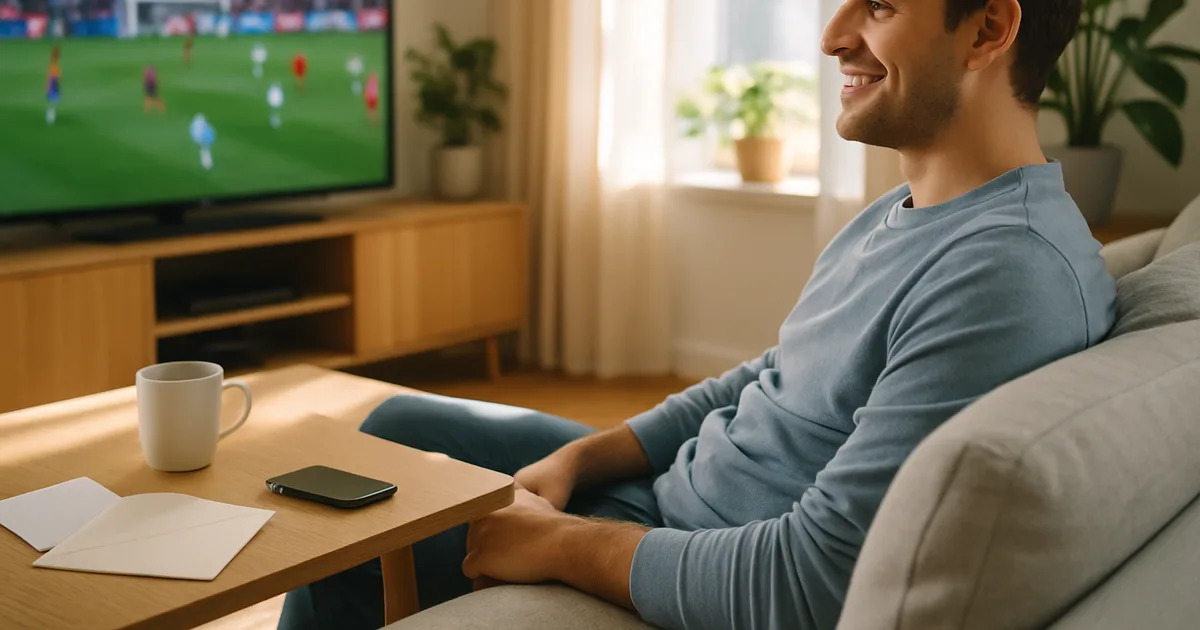 Un homme détendu regarde un match de football sur sa Smart TV dans un salon lumineux, un courrier ouvert posé de côté, symbolisant la sérénité d'un abonnement IPTV conforme face aux amendes de 2026.