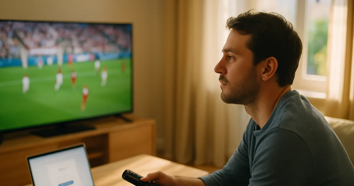 Une personne assise dans un salon lumineux tient une télécommande et regarde pensivement un match de football à la télévision, un ordinateur portable et un smartphone posés sur la table basse.