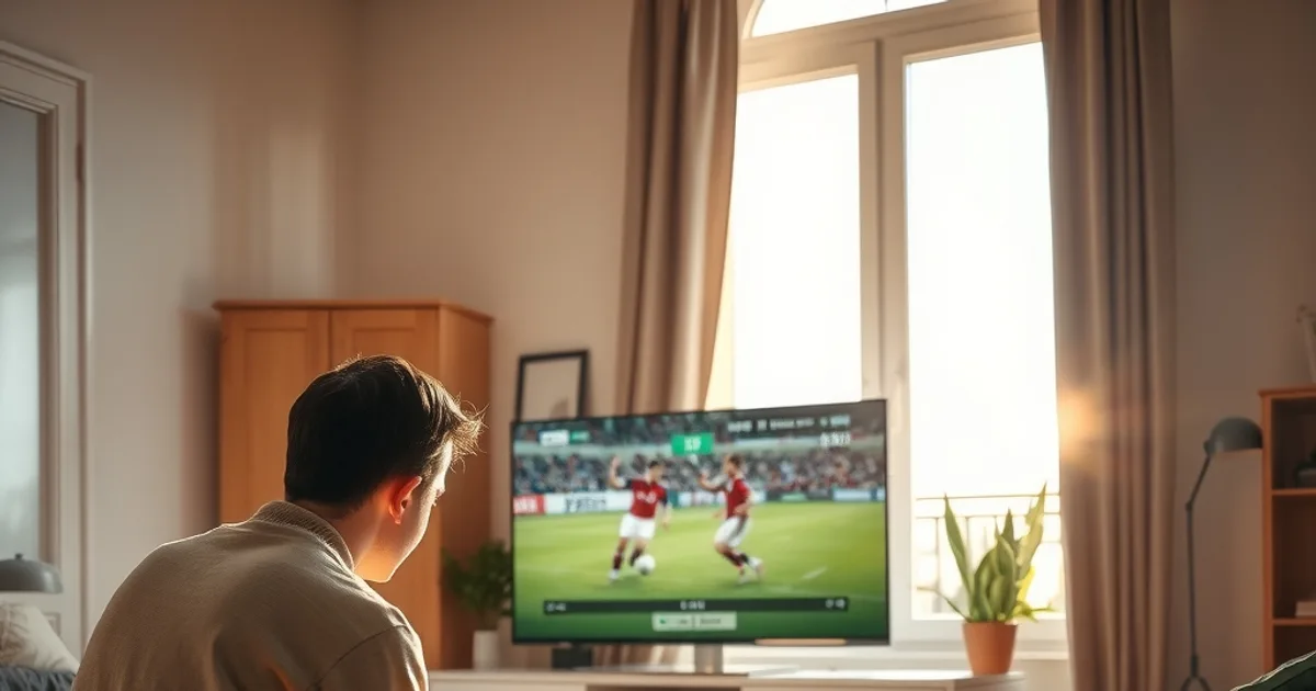 Une personne branche un câble Ethernet près de sa box internet dans un salon lumineux, avec un match de football à l'écran en arrière-plan