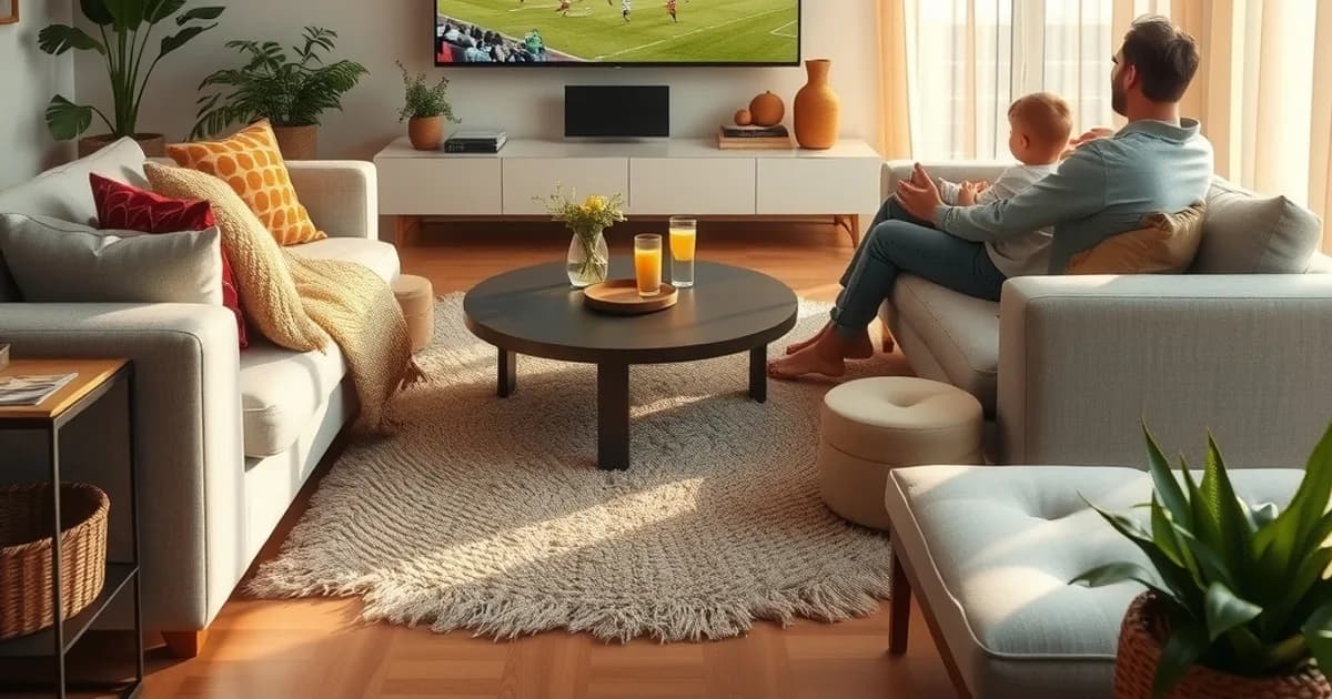 Une famille regarde un match de football dans un salon lumineux et chaleureux, en fin d'après-midi