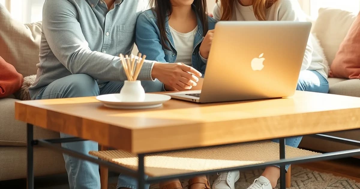 Famille réunie dans un salon lumineux, comparant des offres d'abonnement sur un ordinateur portable posé sur une table basse