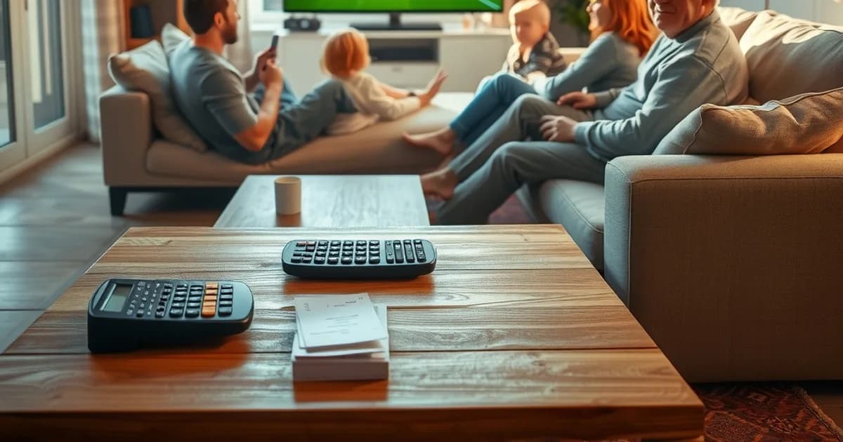 Une famille française regarde un match de football dans un salon lumineux, avec des factures et une calculatrice posées sur la table basse.