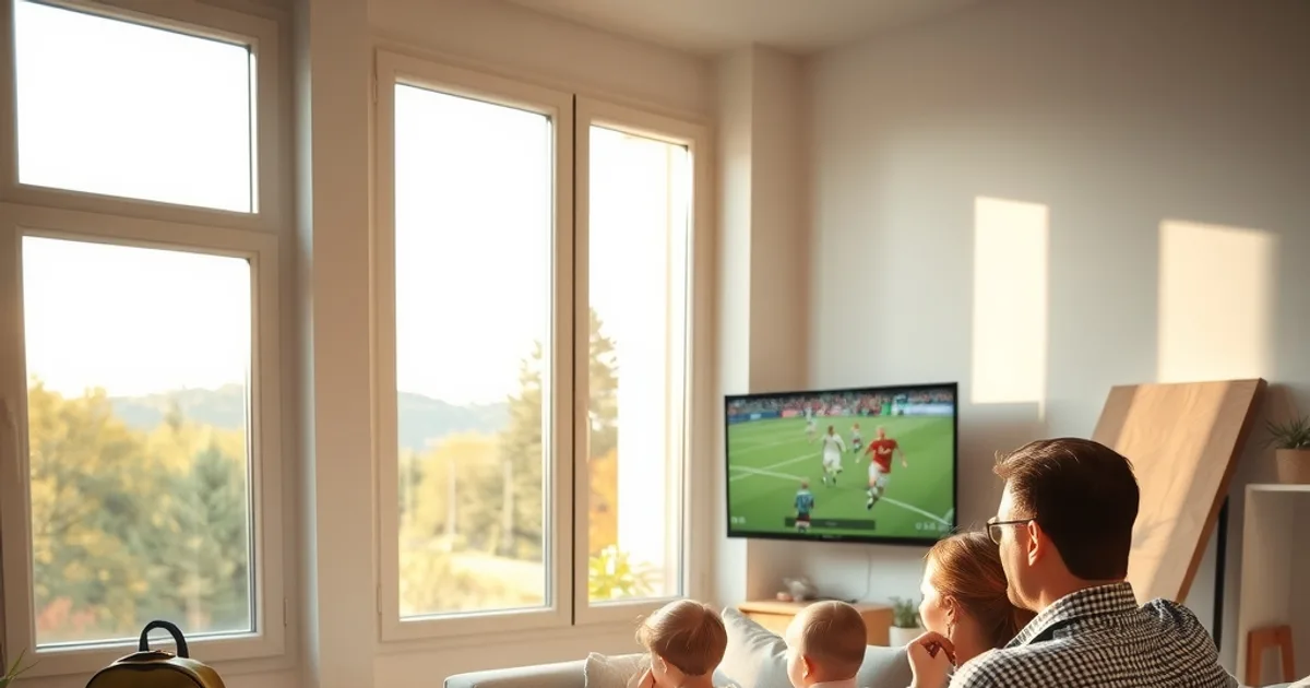 Famille réunie dans un salon lumineux en train de regarder un match de foot à la télévision pendant la rentrée