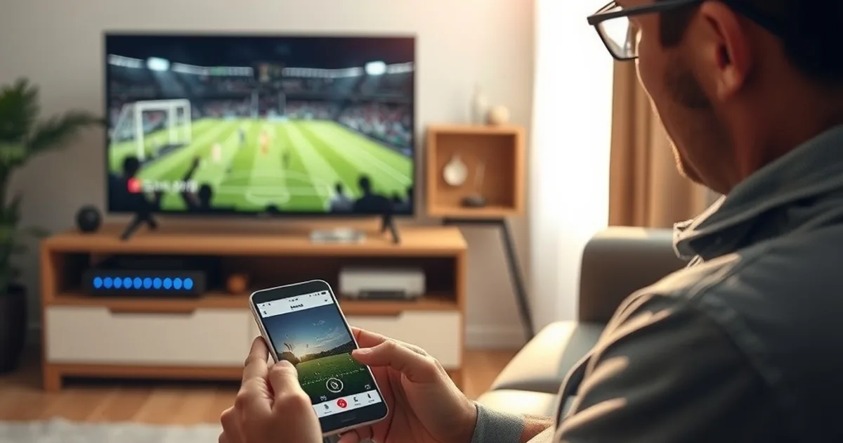Une personne teste le débit de sa connexion sur son smartphone dans un salon lumineux, pendant qu'un match de football tourne en arrière-plan sur la télévision près du routeur.