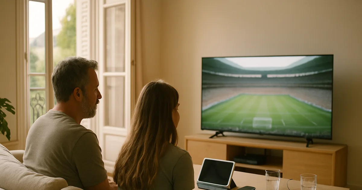 Un père et sa fille adolescente installés dans un salon lumineux devant un téléviseur diffusant un match de football, avec une tablette, un smartphone et une box de streaming posés sur la table basse