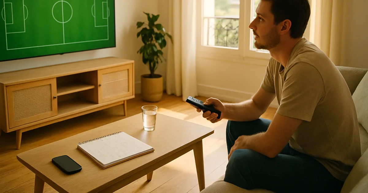 Un homme assis dans un salon lumineux en fin d'été, télécommande à la main, face à un téléviseur, avec un calendrier d'août posé sur la table basse.