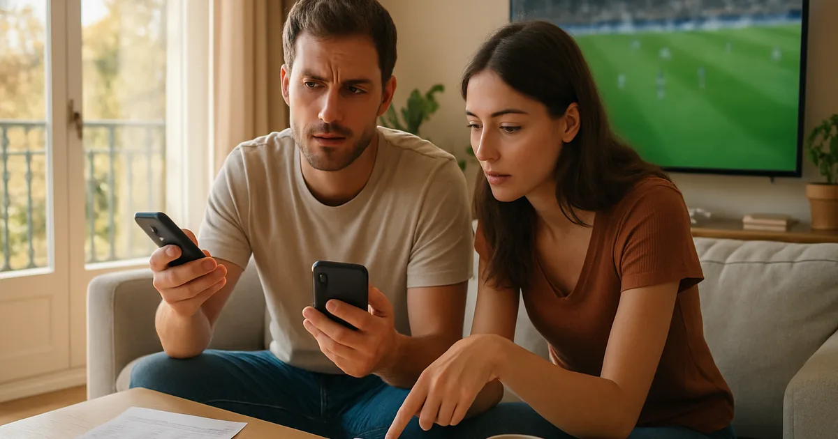 Un supporter assis dans son salon lumineux, télécommande et téléphone en main, devant un téléviseur éteint, avec un carnet et une calculatrice posés sur la table basse à côté de son écharpe de football.