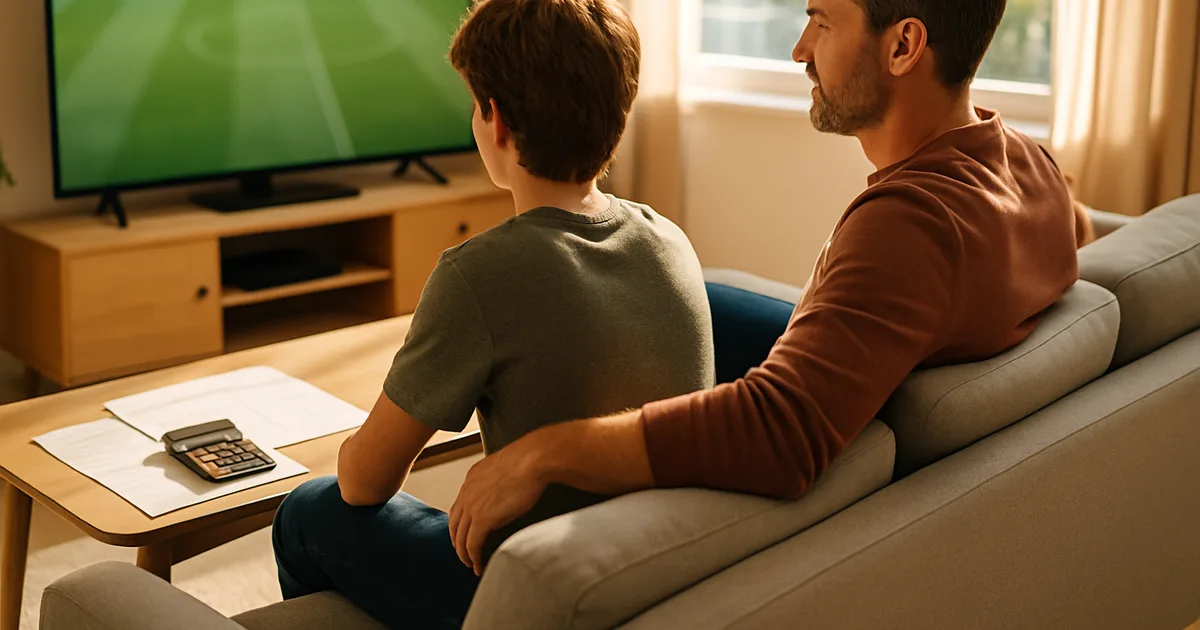 Un père et son fils adolescent, assis dans un salon lumineux, comparent leur budget télé posé sur la table basse devant un match de football diffusé à l'écran.