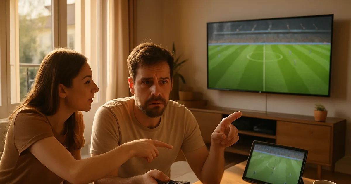 Un supporter assis dans son salon lumineux jongle entre trois écrans diffusant chacun un match de football différent : téléviseur, tablette et smartphone.