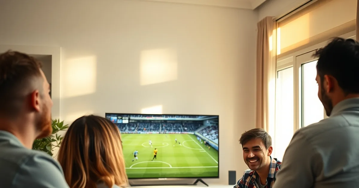Groupe d'amis suivant un match de Ligue 1 en direct dans un salon lumineux, ambiance détendue en plein après-midi