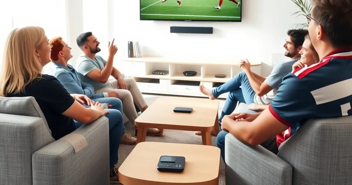 Des amis regardent un match de Ligue 1 dans un salon lumineux, sur un grand téléviseur mural