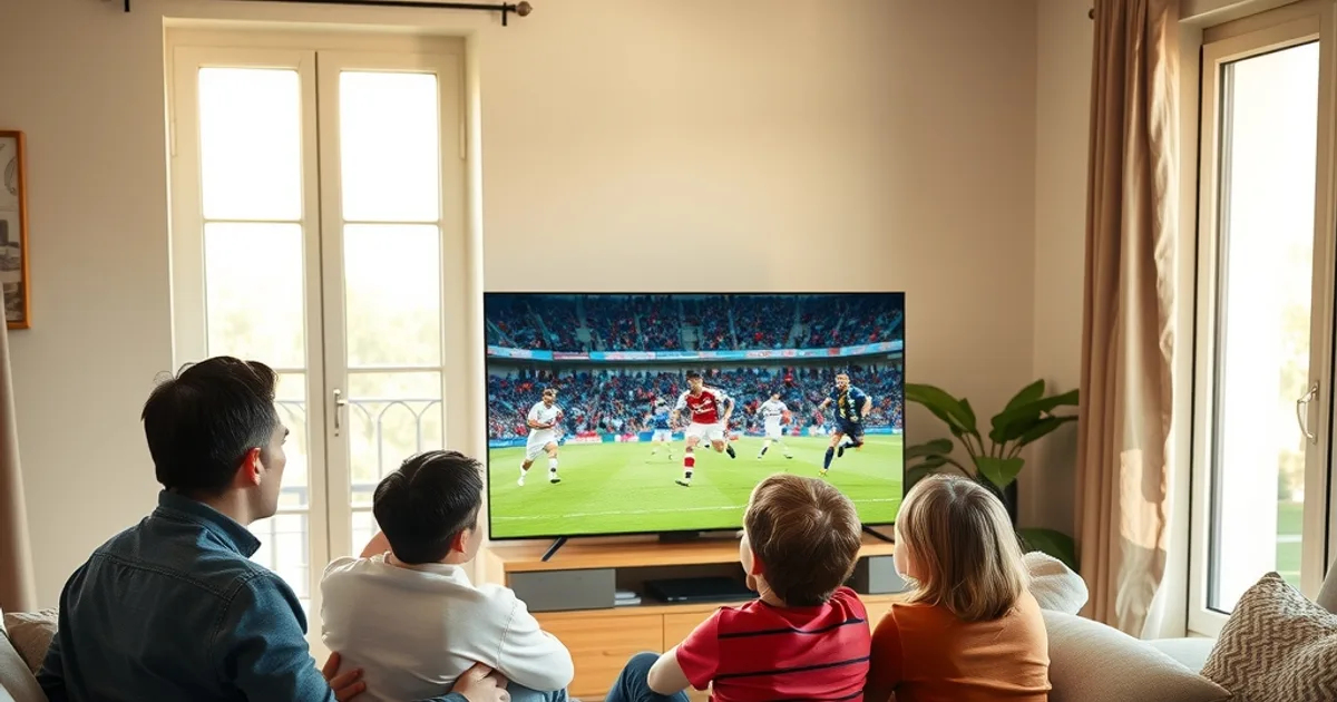 Une famille regarde un match de Ligue 1 dans un salon lumineux, ambiance chaleureuse en plein après-midi