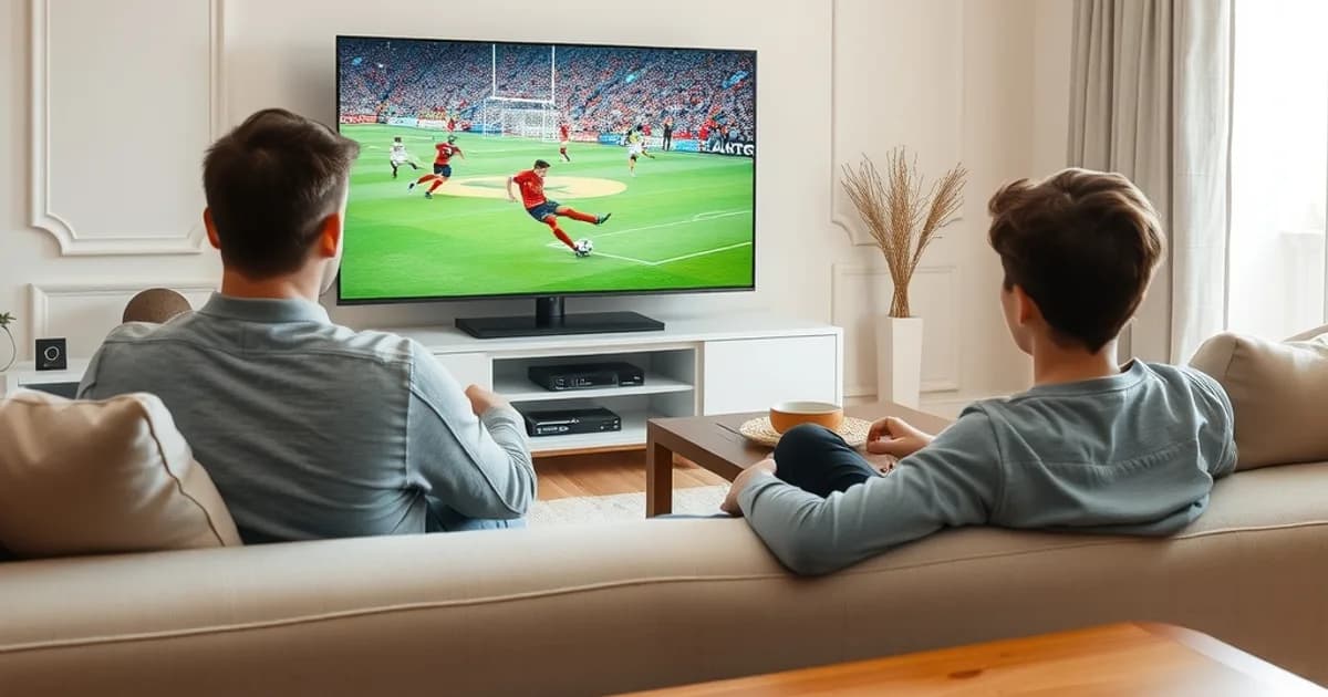 Un père et son fils regardent un match de Ligue 1 dans un salon lumineux, sur une télévision connectée en fin d'après-midi