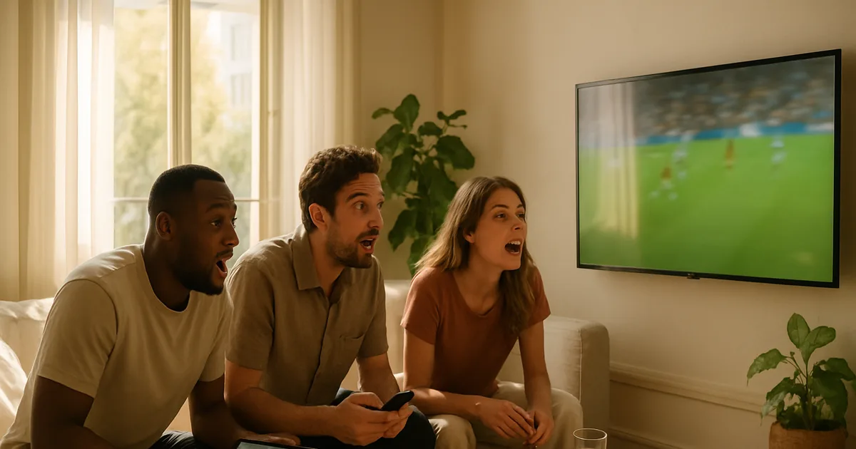 Trois amis installés dans un salon lumineux suivent un match de football sur grand écran, l'un d'eux consultant en parallèle une seconde rencontre sur sa tablette