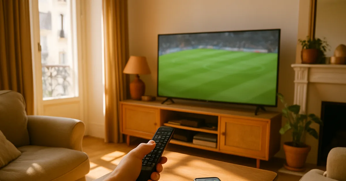 Une personne installe sa télévision dans un salon lumineux avant un match de Ligue 1, télécommande à la main et smartphone posé sur la table basse