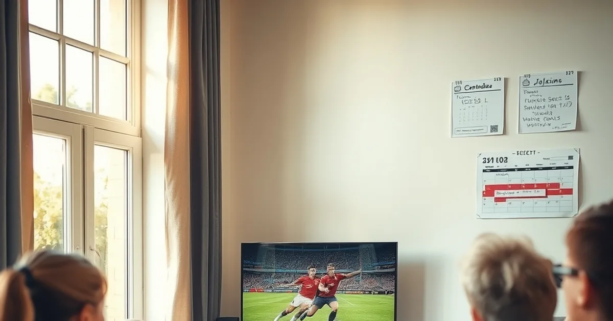 Famille regardant un match de football à la télévision dans un salon lumineux, avec un calendrier affichant une date entourée sur le mur