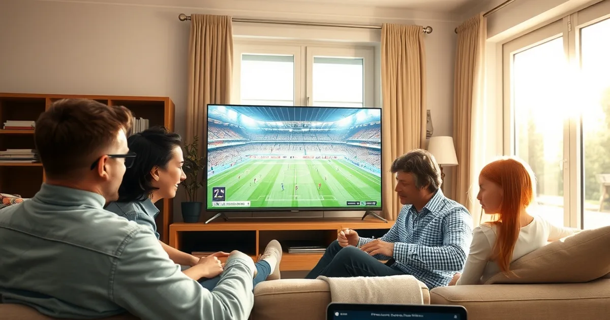 Famille installée dans un salon lumineux, regardant un match de football en direct sur une Smart TV, avec smartphone et tablette posés sur la table basse