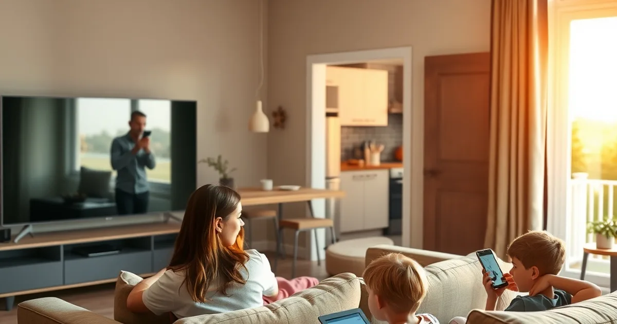 Famille dans un salon lumineux regardant la télévision et une tablette en même temps, illustrant le partage IPTV multi-écrans en famille