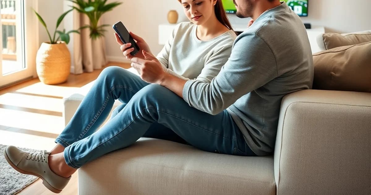 Un couple assis dans un salon lumineux regarde son smartphone d'un air surpris, télévision en pause sur un match de football à l'arrière-plan